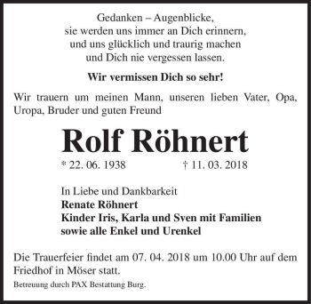 Traueranzeige von Rolf Röhnert  von Magdeburger Volksstimme