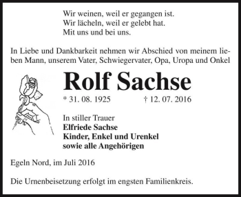 Traueranzeige von Rolf Sachse  von Magdeburger Volksstimme