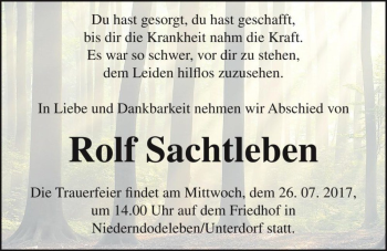 Traueranzeige von Rolf Sachtleben  von Magdeburger Volksstimme