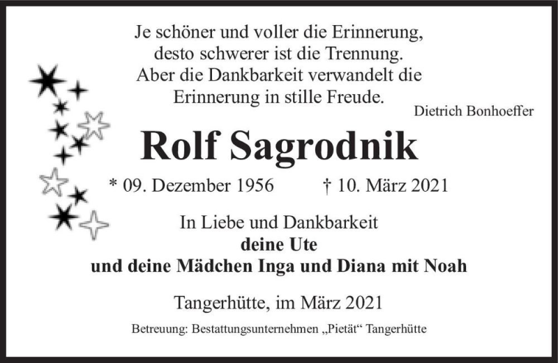  Traueranzeige für Rolf Sagrodnik  vom 13.03.2021 aus Magdeburger Volksstimme