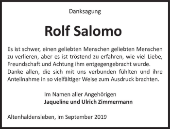 Traueranzeige von Rolf Salomo  von Magdeburger Volksstimme