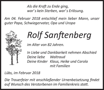 Traueranzeige von Rolf Sanftenberg  von Magdeburger Volksstimme