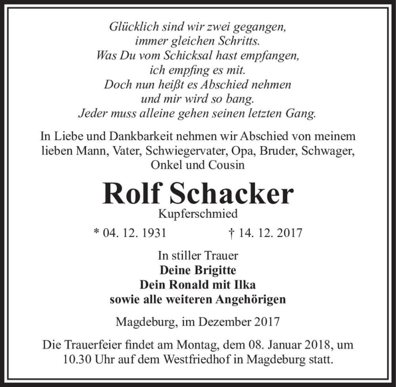  Traueranzeige für Rolf Schacker  vom 30.12.2017 aus Magdeburger Volksstimme