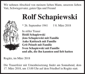 Traueranzeige von Rolf Schapiewski  von Magdeburger Volksstimme