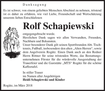 Traueranzeige von Rolf Schapiewski  von Magdeburger Volksstimme