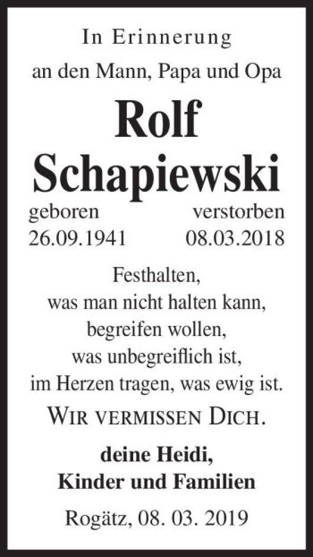 Traueranzeige von Rolf Schapiewski  von Magdeburger Volksstimme