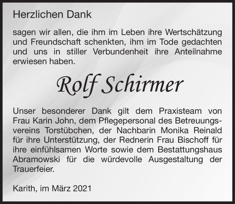  Traueranzeige für Rolf Schirmer  vom 06.03.2021 aus Magdeburger Volksstimme