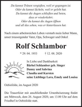 Traueranzeige von Rolf Schlambor  von Magdeburger Volksstimme