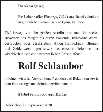 Traueranzeige von Rolf Schlambor  von Magdeburger Volksstimme