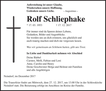 Traueranzeige von Rolf Schliephake  von Magdeburger Volksstimme