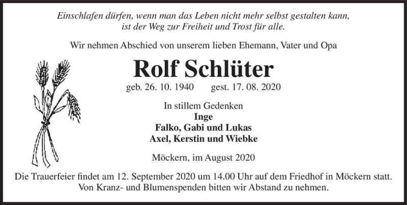  Traueranzeige für Rolf Schlüter  vom 29.08.2020 aus Magdeburger Volksstimme