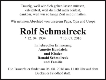Traueranzeige von Rolf Schmalreck  von Magdeburger Volksstimme