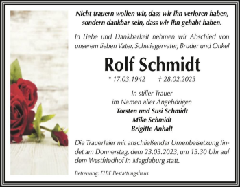 Traueranzeige von Rolf Schmidt  von Magdeburger Volksstimme