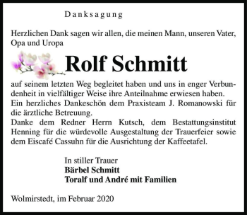 Traueranzeige von Rolf Schmitt  von Magdeburger Volksstimme