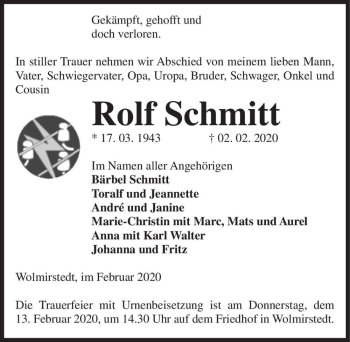 Traueranzeige von Rolf Schmitt  von Magdeburger Volksstimme