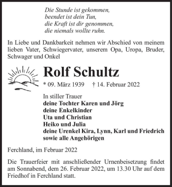 Traueranzeige von Rolf Schultz  von Magdeburger Volksstimme