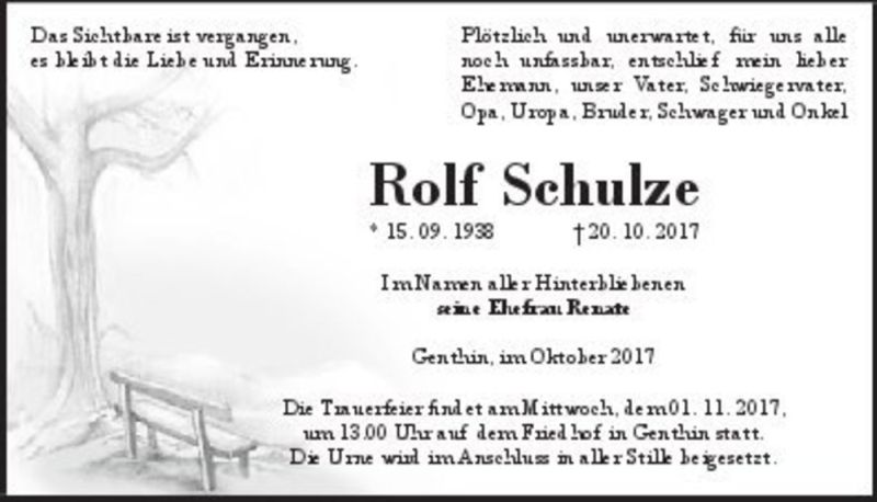  Traueranzeige für Rolf Schulze  vom 25.10.2017 aus Magdeburger Volksstimme