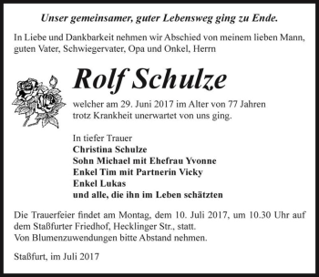 Traueranzeige von Rolf Schulze  von Magdeburger Volksstimme