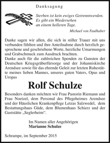 Traueranzeige von Rolf Schulze  von Magdeburger Volksstimme