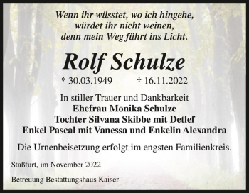 Traueranzeige von Rolf Schulze  von Magdeburger Volksstimme