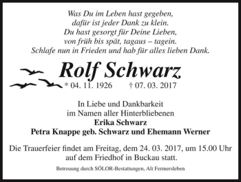 Traueranzeige von Rolf Schwarz  von Magdeburger Volksstimme