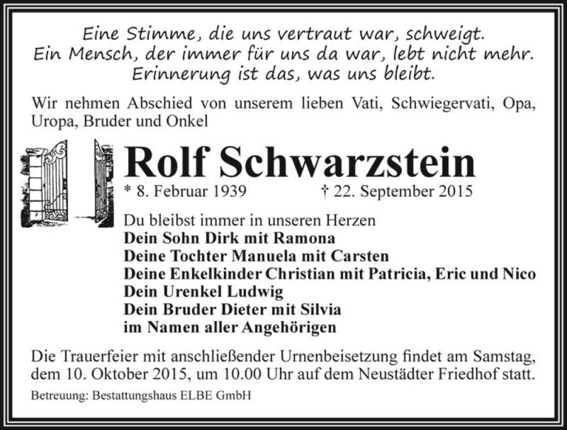  Traueranzeige für Rolf Schwarzstein  vom 26.09.2015 aus Magdeburger Volksstimme