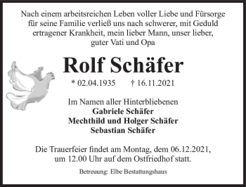 Traueranzeige von Rolf Schäfer  von Magdeburger Volksstimme
