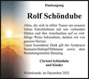 Traueranzeige von Rolf Schöndube  von Magdeburger Volksstimme