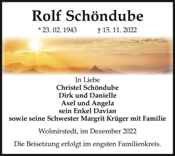 Traueranzeige von Rolf Schöndube  von Magdeburger Volksstimme