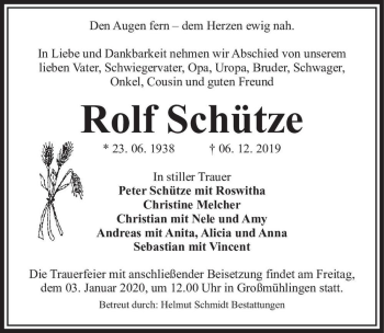 Traueranzeige von Rolf Schütze  von Magdeburger Volksstimme