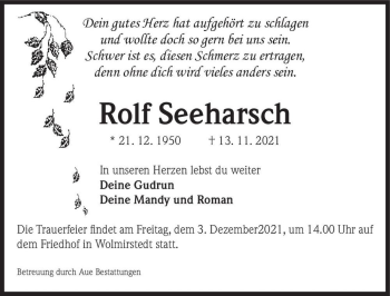 Traueranzeige von Rolf Seeharsch  von Magdeburger Volksstimme