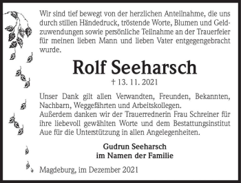 Traueranzeige von Rolf Seeharsch  von Magdeburger Volksstimme