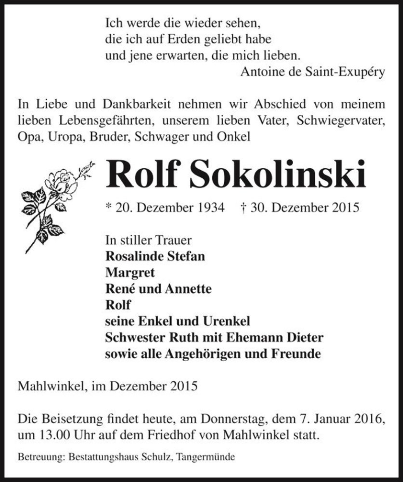  Traueranzeige für Rolf Sokolinski  vom 07.01.2016 aus Magdeburger Volksstimme