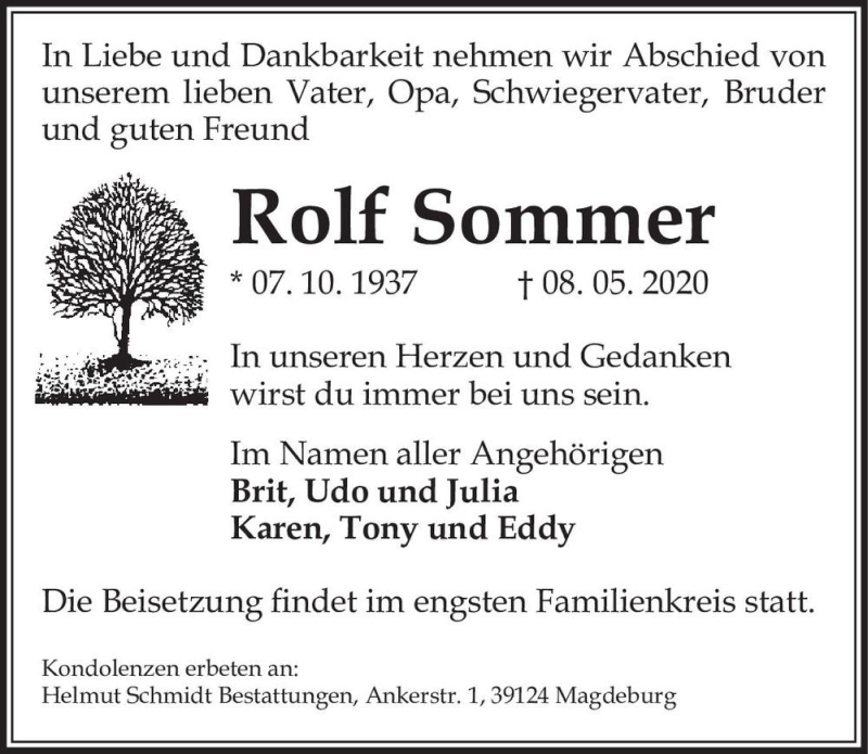  Traueranzeige für Rolf Sommer  vom 23.05.2020 aus Magdeburger Volksstimme