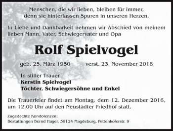 Traueranzeige von Rolf Spielvogel  von Magdeburger Volksstimme