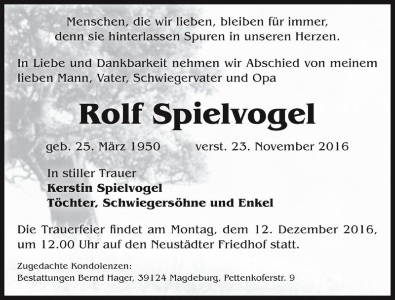  Traueranzeige für Rolf Spielvogel  vom 03.12.2016 aus Magdeburger Volksstimme