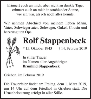 Traueranzeige von Rolf Stappenbeck  von Magdeburger Volksstimme