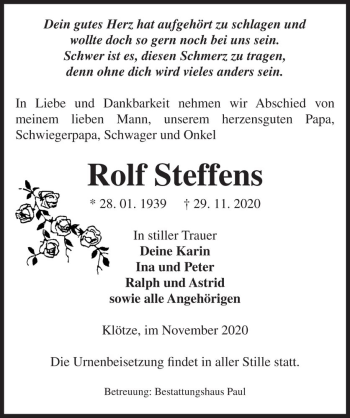 Traueranzeige von Rolf Steffens  von Magdeburger Volksstimme