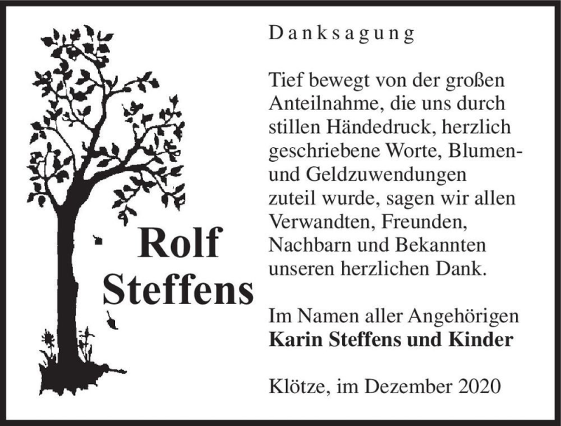  Traueranzeige für Rolf Steffens  vom 23.12.2020 aus Magdeburger Volksstimme