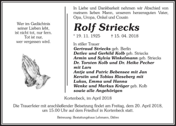 Traueranzeige von Rolf Striecks  von Magdeburger Volksstimme