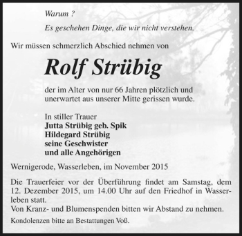 Traueranzeige von Rolf Strübig  von Magdeburger Volksstimme
