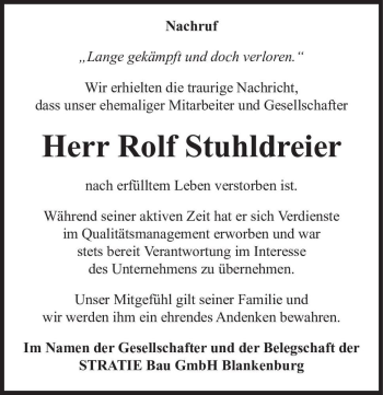 Traueranzeige von Rolf Stuhldreier  von Magdeburger Volksstimme