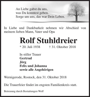 Traueranzeige von Rolf Stuhldreier  von Magdeburger Volksstimme