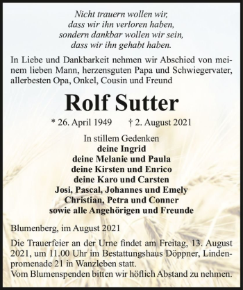 Traueranzeige von Rolf Sutter  von Magdeburger Volksstimme