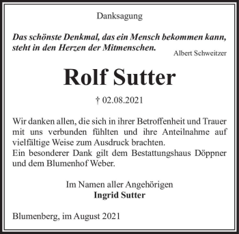 Traueranzeige von Rolf Sutter  von Magdeburger Volksstimme