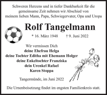 Traueranzeige von Rolf Tangelmann  von Magdeburger Volksstimme