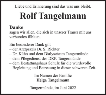Traueranzeige von Rolf Tangelmann  von Magdeburger Volksstimme