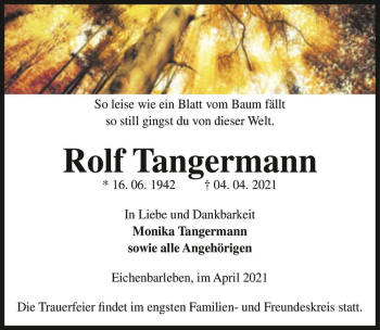 Traueranzeige von Rolf Tangermann  von Magdeburger Volksstimme