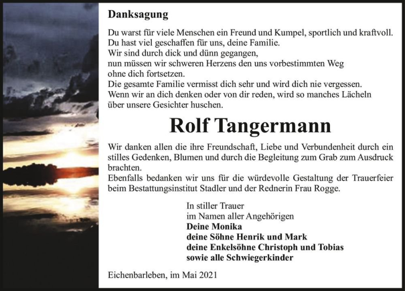  Traueranzeige für Rolf Tangermann  vom 08.05.2021 aus Magdeburger Volksstimme