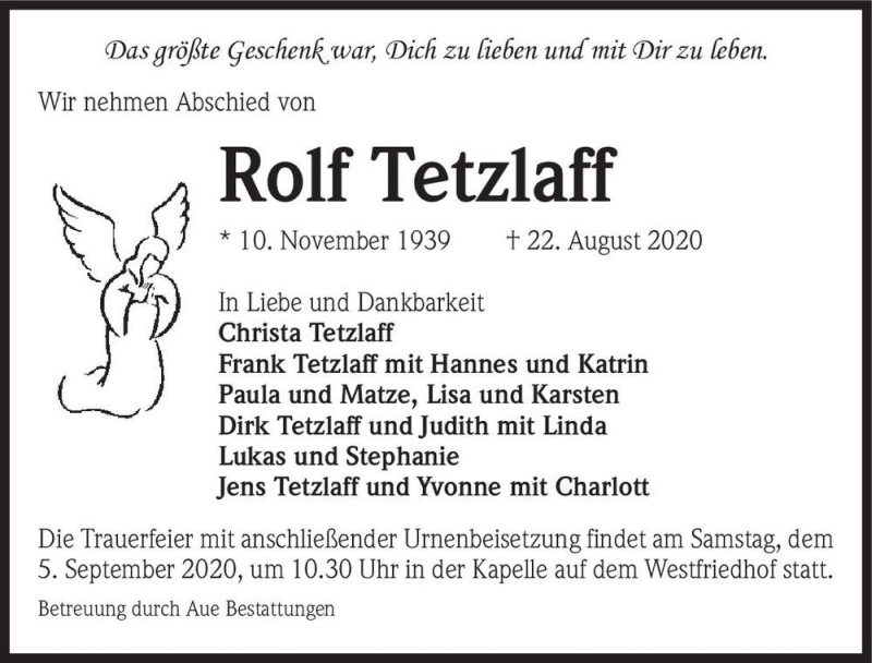  Traueranzeige für Rolf Tetzlaff  vom 29.08.2020 aus Magdeburger Volksstimme